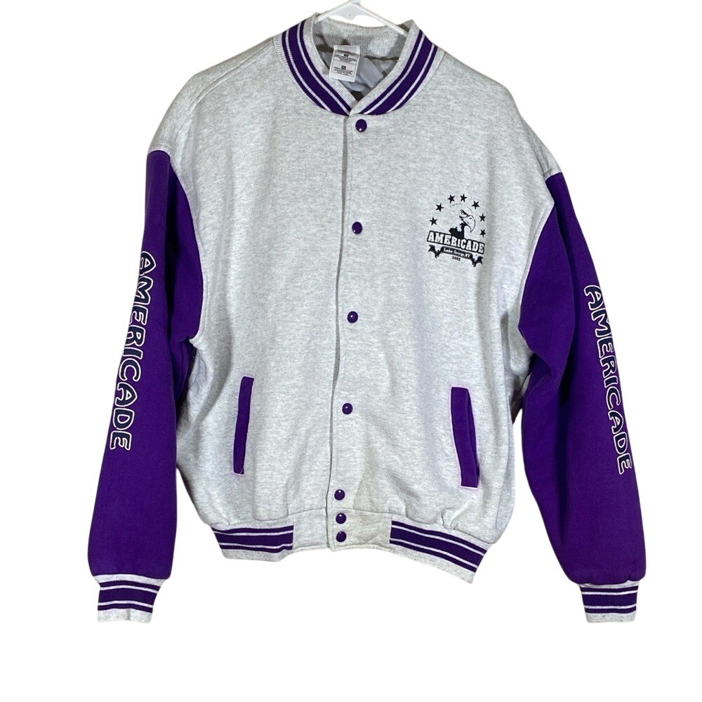 Vintage Y2K 2002 Americade Gray Purple Varsity bomber Jacket sz XXL double sided